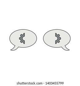 Vector icon concept of two speech bubbles with gear parts. Black outlines and colored.