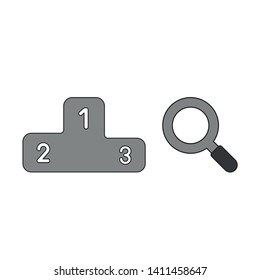 Vector icon concept of winners podium and magnifying glass. Black outlines and colored.