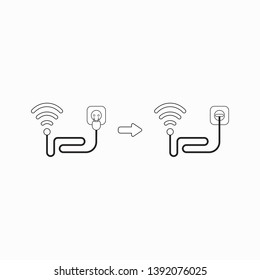 Vector icon concept of wireless wifi symbol with cable and plugged into outlet and signal increased. Black outlines.