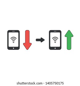 Vector icon concept of wireless wifi symbol inside smartphone with arrow moving down and up. Black outlines and colored.