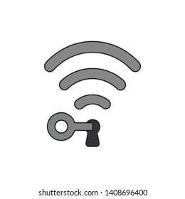 Vector icon concept of wireless wifi symbol and key into keyhole. Black outlines and colored.