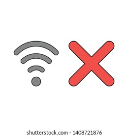 Vector icon concept of wireless wifi symbol with x mark. Black outlines and colored.