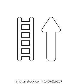 Vector icon concept of wooden ladder with arrow up. Black outlines.