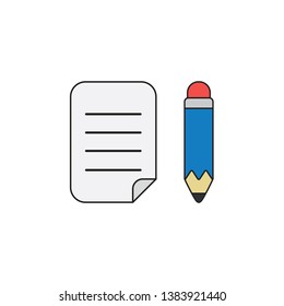 Vector icon concept of written paper with blue pencil. Black outlines and colored.