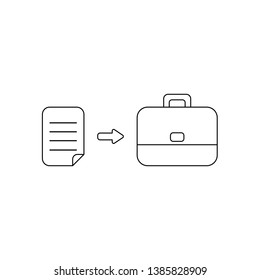 Vector icon concept of written paper into briefcase. Black outlines.