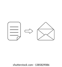 Vector icon concept of written paper into open envelope mail. Black outlines. 