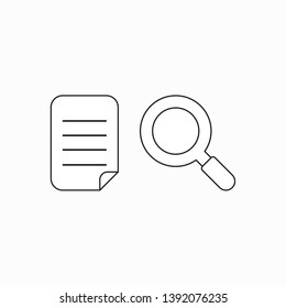 Vector icon concept of written paper with magnifier. Black outlines.