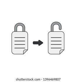 Vector icon concept of written paper padlocks, closed and opened. Black outlines and colored.