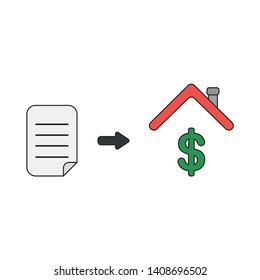 Vector icon concept of written paper with dollar symbol under house roof. Black outlines and colored.