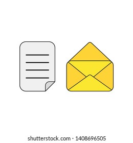 Vector icon concept of written paper with opened mail envelope. Black outlines and colored.