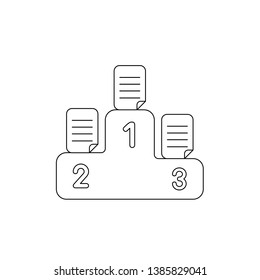 Vector icon concept of written papers on winners podium. Black outlines. 
