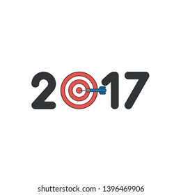 Vector icon concept of year of 2017 with bulls eye and dart in the center. Black outlines and colored.