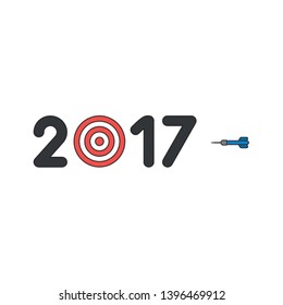 Vector icon concept of year of 2017 with bulls eye and dart. Black outlines and colored.