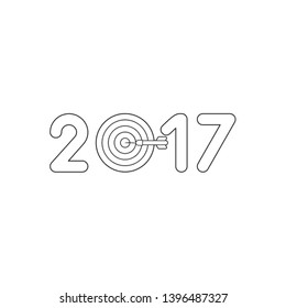 Vector icon concept of year 2017 with bulls eye and dart in the center. Black outlines.