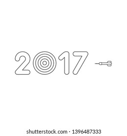 Vector icon concept of year 2017 with bulls eye and dart. Black outlines.