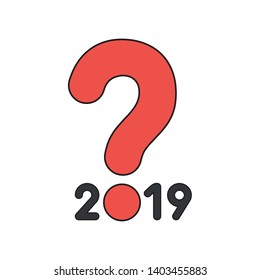 Icono vectorial del año 2019 con signo de interrogación rojo. Bordes negros y colores.