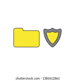 Vector icon concept of yellow closed folder with shield guard. Black outlines and colored.