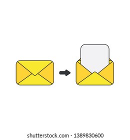 Vector icon concept of yellow closed and open envelopes with blank paper. 