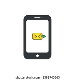Vector icon concept of yellow closed envelope incoming mail inside black smartphone. 