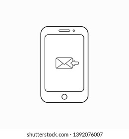 Vector icon concept of yellow closed envelope sending mail inside smartphone. Black outlines.
