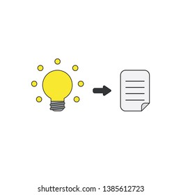 Vector icon concept of yellow glowing light bulb and written paper. Black outlines and colored.