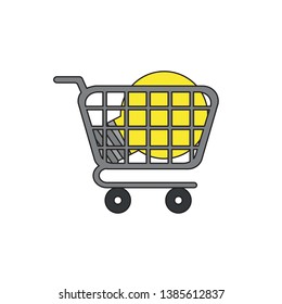 Vector icon concept of yellow glowing light bulb idea inside shopping cart. Black outlines and colored.