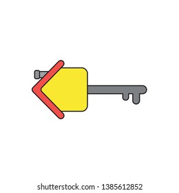 Vector icon concept of yellow house with grey key. Black outlines and colored.