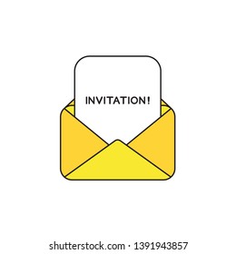 Vector icon concept of yellow open envelope with invitation word written on paper. 