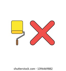 Vector icon concept of yellow paint roller brush with x mark. Black outlines and colored.