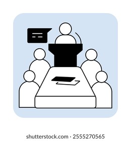 Vector icon for conference. Black and white outline icon depicting a group of people seated at a table with a screen, symbolizing business meetings and discussions.