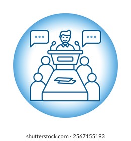 Vector icon for conference. Line art depicting business meetings, presentations, and corporate discussions.