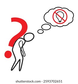 Vector icon of a confused figure with a red question mark and a crossed-out light bulb, symbolizing creative block, lack of inspiration, and problem-solving difficulties.