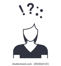 Vector icon of a confused person with question mark and exclamation point above head. Symbol for uncertainty, doubt, thinking, problem solving, and help.