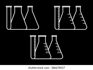 Vector icon of conical flasks, graduated flasks with  wide neck and test tube on black background