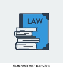 Vector Icon Of A Constitution Book With A Word LAW On Its Cover, And Few Different Books. It Represents Constitutional Rights, Court, Justice And Work Of Judges, Lawyers And Prosecutors