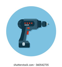 Vector icon of construction tool  drill on the circle blue background. Flat design