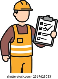 Vector icon of a construction worker's hard hat and holding a clipboard in his hand.