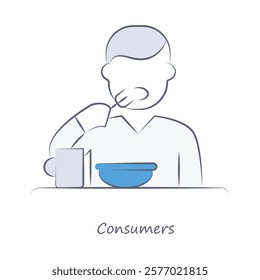  Vector icon of a consumer eating organic food. Minimalist design showing a person dining, representing the final stage of organic farming with editable stroke.