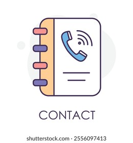  Vector icon for Contact. A notebook with a phone icon illustrating communication and accessibility.