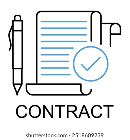 Ícone de vetor para assinatura de contrato. Um documento com uma caneta e marca de verificação representa um acordo e compromissos legais, estilizados em monolina simples.