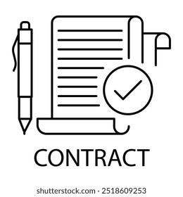 Ícone de vetor para assinatura de contrato. Um documento com uma caneta e marca de verificação representa um acordo e compromissos legais, estilizados em monolina simples.