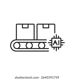 A vector icon of a conveyor belt with an AI chip, representing AI-powered logistics automation, created in line style with editable stroke