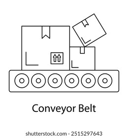 Icono de Vector para cinta transportadora con cajas. Dibujo de línea simple de una cinta transportadora que transporta cajas, ideal para contextos de automatización, fabricación y logística.