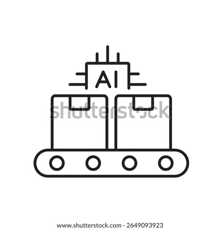 A vector icon of a conveyor belt transporting stacked packages with AI chip, representing automated sorting in logistics using artificial intelligence, created in line style with editable stroke