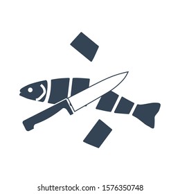 Vector icon cooking raw fish, cutting fish with knife