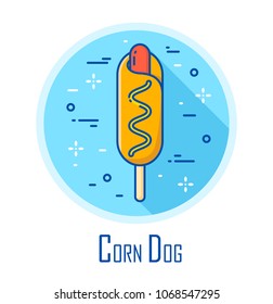Vector icon with corn dog in a coloured circle. Vector banner for fast food. Thin line flat design. 