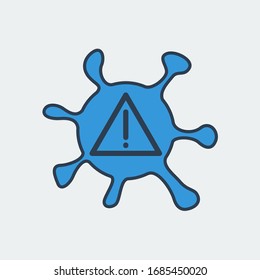 Vector icon of a coronavirus bacteria with a warning exclamation point on it. It represents a concept of pandemic danger, medical mark, health safety and virus quarantine