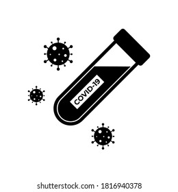 Vector icon of Covid-19 blood test tube, coronavirus blood sample in test tube with virus flat illustration sign, isolated.