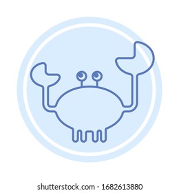 Vector icon of a crab in dark blue color on the light blue background. Line graphics.