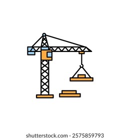 Vector icon: A crane lifting a beam for buliding a house.